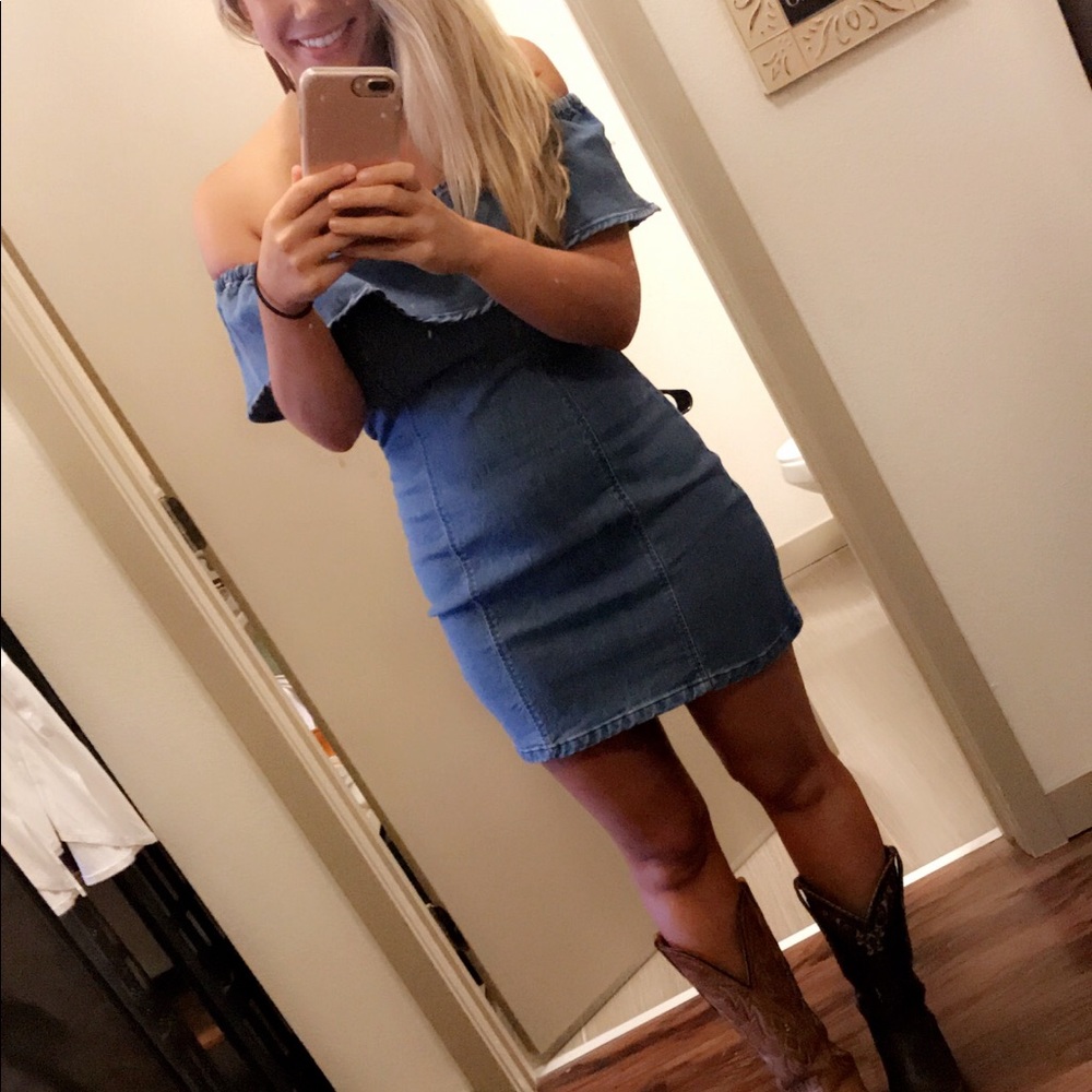 Blue off the shoulder blue jean dress